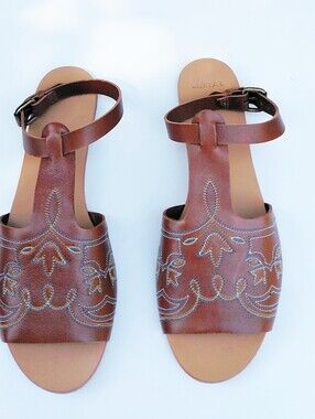 THE GREAT. Brown Leather Embroidered Ankle-Strap Sandals
